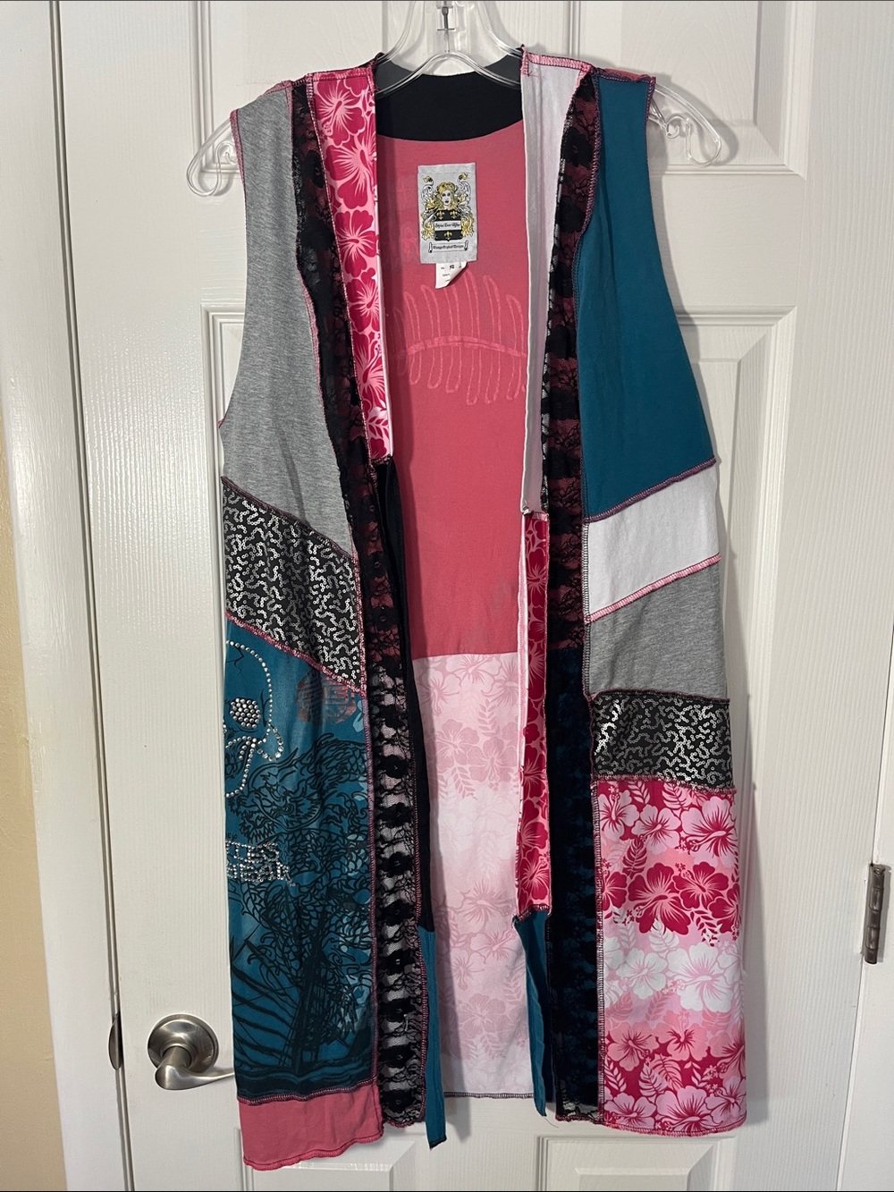 Styles Ever After patchwork bohemian sleeveless open duster embellished small